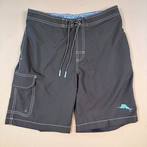 Tommy Bahama Swim Trunks Mens Medium Black Board Shorts Cargo Drawstring Mesh
